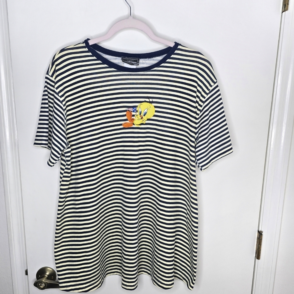 90's Vintage Looney Tunes Tweety Bird Navy/White Striped Y2K T-Shirt